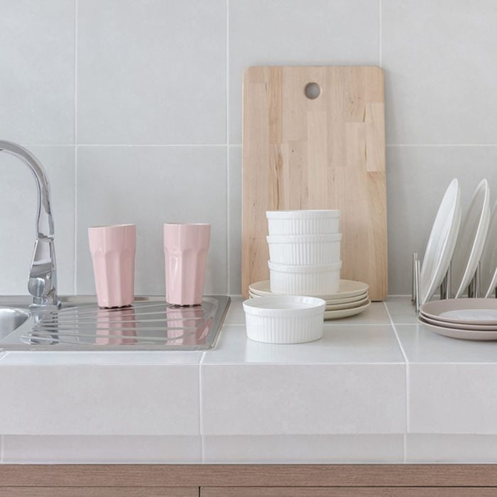 white clean counter in kitchen with utensil at home